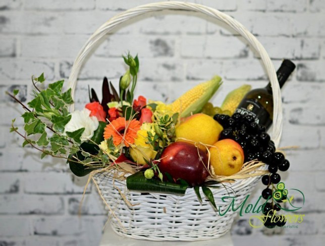 Large White Basket with Mixed Fruits and Wine - Photo